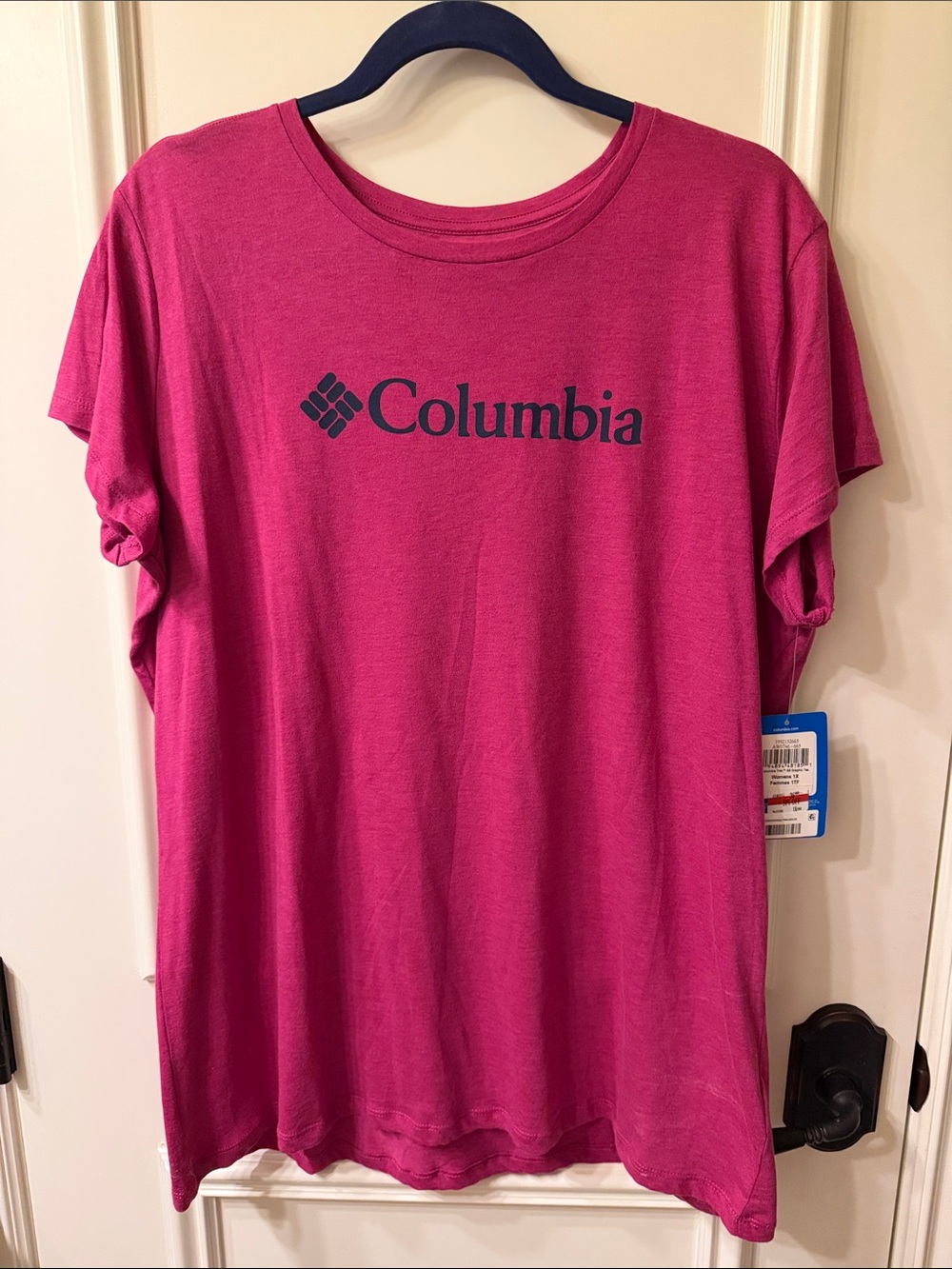 Columbia Women's Short Sleeve Logo Tee - Magenta with Navy Logo